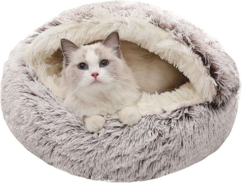 Photo 1 of *** SIMILAR ***Calming Dog Beds & Cat Cave Bed with Hooded Cover,Removable Washable Round Beds for Small Medium Pets,Anti-Slip Faux Fur Fluffy Coved Bed for Improved Sleep,