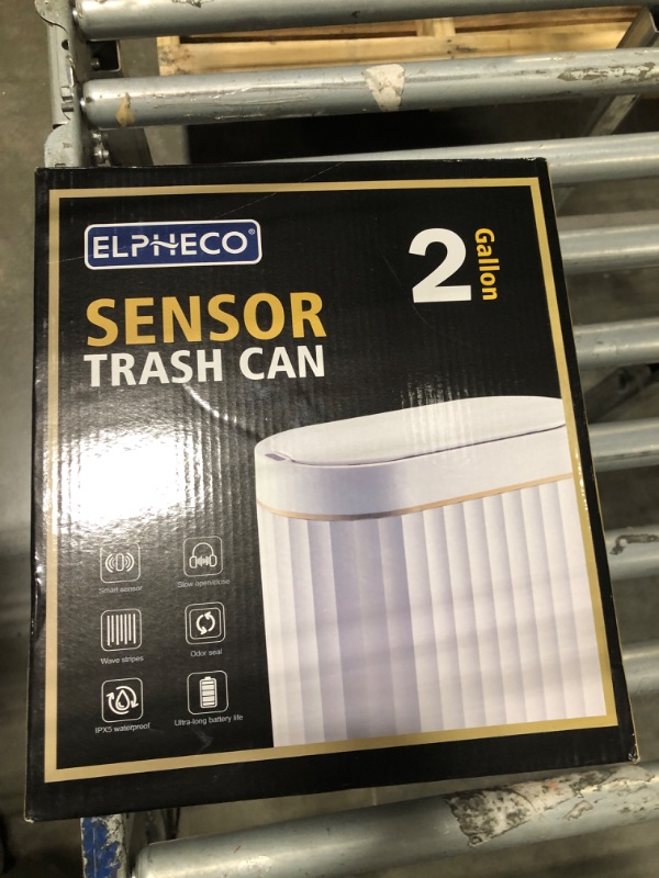 Photo 1 of ELPHECO Automatic Motion Sensor Trash Can - 2 Gallon Slimline for Bathroom, Bedroom, Kitchen, Office - White with Gold Trim