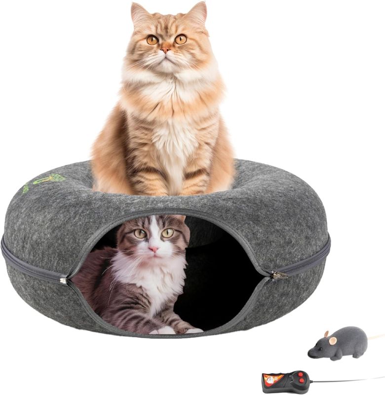 Photo 1 of  Large Size 24 Inch Cat Tunnel Bed - With Upgraded Metal Zipper - Detachable Round Design - Washable - and Scratch Resistant - Includes 3 Toys and Removable Cushion