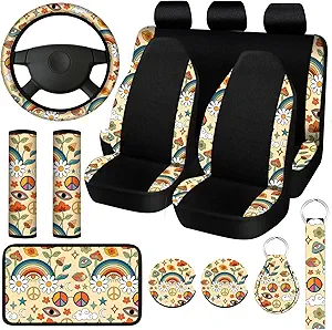 Photo 1 of 15 Pcs Boho Rainbow Star Car Seat Covers Full Set for Women, Daisy Steering Wheel Cover Shoulder Pads Armrest Pad Keychain Wrist Strap Coasters Auto Seat Universal for Vehicle Suv Truck Protector