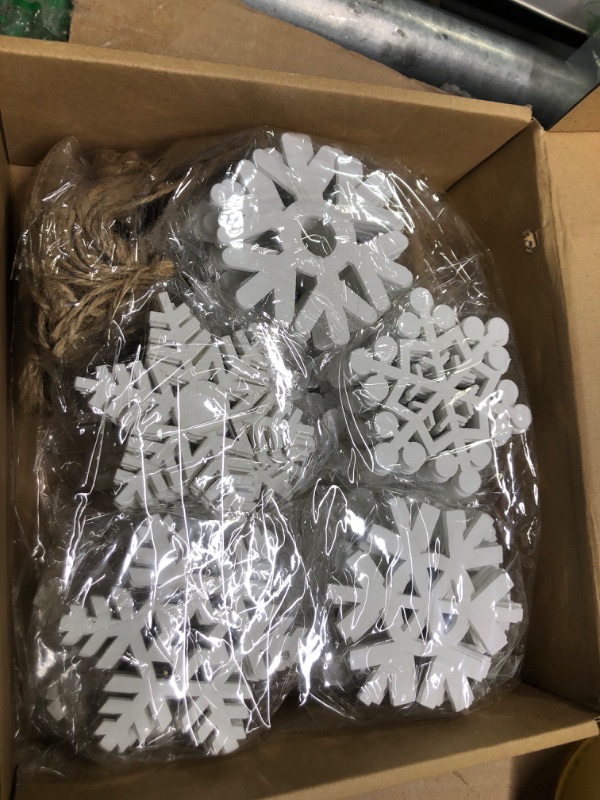 Photo 2 of 100 Pcs Christmas Unfinished Wooden Snowflake Ornaments Snowflake Hanging Cutouts Blank Wood Slices with Cord Craft Embellishments for Xmas Tree Decorations (White,3.1 Inches)