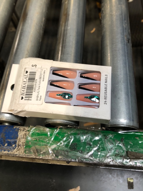 Photo 2 of BABALAL Coffin Press on Nails Long Fake Nails Green Glue on Nails French Tip Rhinestone Acrylic Nails Glitter Ballerina Stick on Nails Shiny Nails Pres on