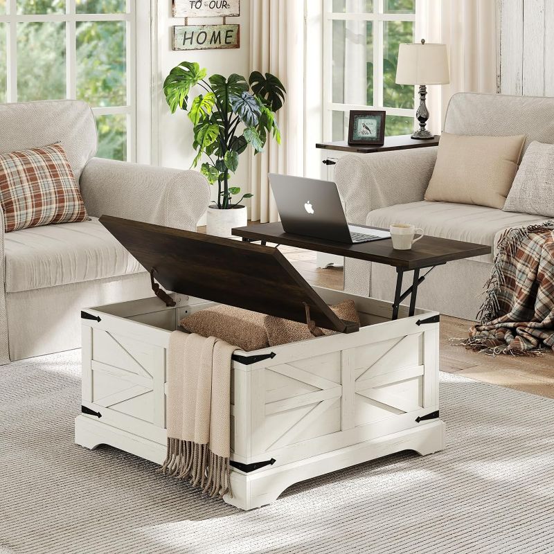 Photo 1 of  Farmhouse Lift Top Coffee Table, Square Wood Center Table with Large Hidden Storage Compartment for Living Room, Rustic Cocktail White Modern Table