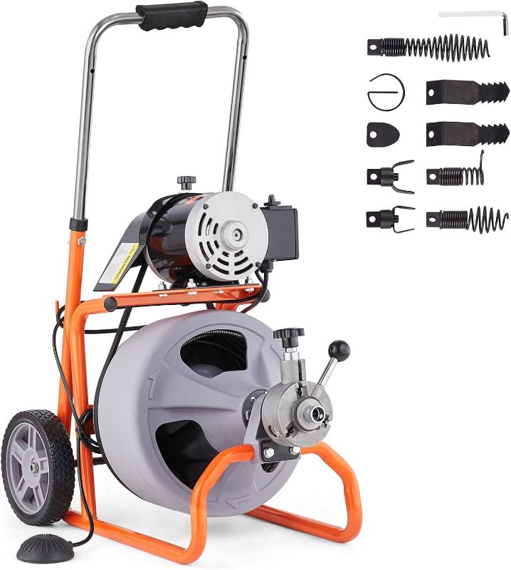 Photo 1 of **PARTS ONLY** FINAL SALE VEVOR Drain Cleaner Machine 100FT x 3/8 Inch, Auto Feed Sewer Snake Drain Auger, Portable Drain Cleaning Machine with 8 Cutters & Air-activated Foot Switch for 2" to 4" Pipes https://a.co/d/eHK5gS1