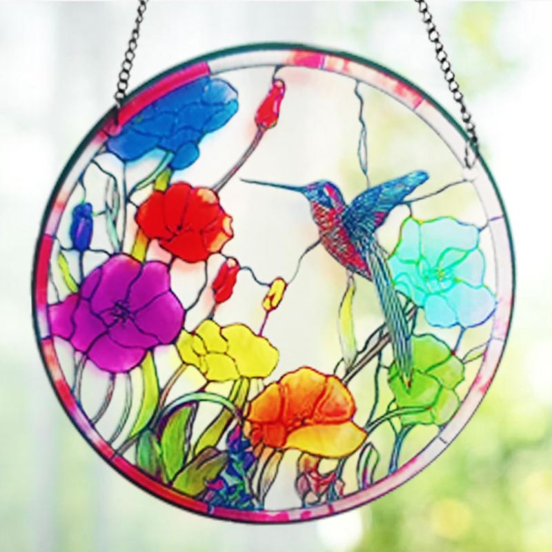 Photo 1 of 6.3" Hummingbird Flower Hanging Garden Suncatcher Reinforced Glass Ornament Decor Waterproof Window Wall Tree Bird Pendent Decoration
