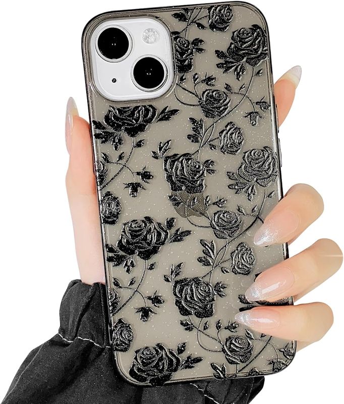 Photo 1 of NITITOP Compatible for iPhone 13/14 Case Cute Flower Floral Clear Black Glitter Bling Sparkle Rose Pattern for Girls Women Soft TPU Shockproof Protective - Rose
