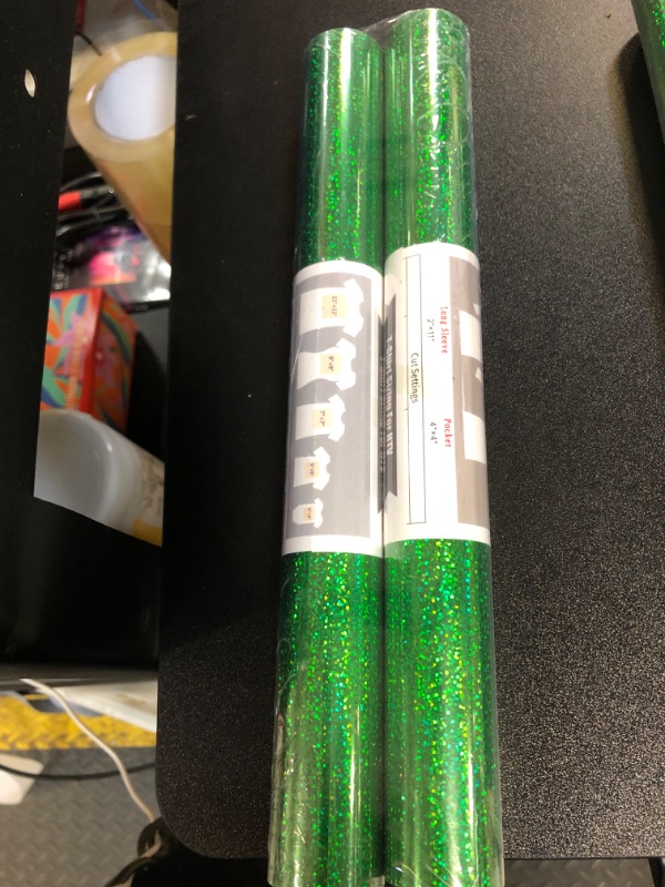 Photo 2 of 2 Holographic Green HTV Iron on Vinyl Shimmer Heat Transfer Vinyl for T-Shirts,Holographic Glitter Vinyl Rolls for DIY Clothing Pattern,Stretchable & Washable
