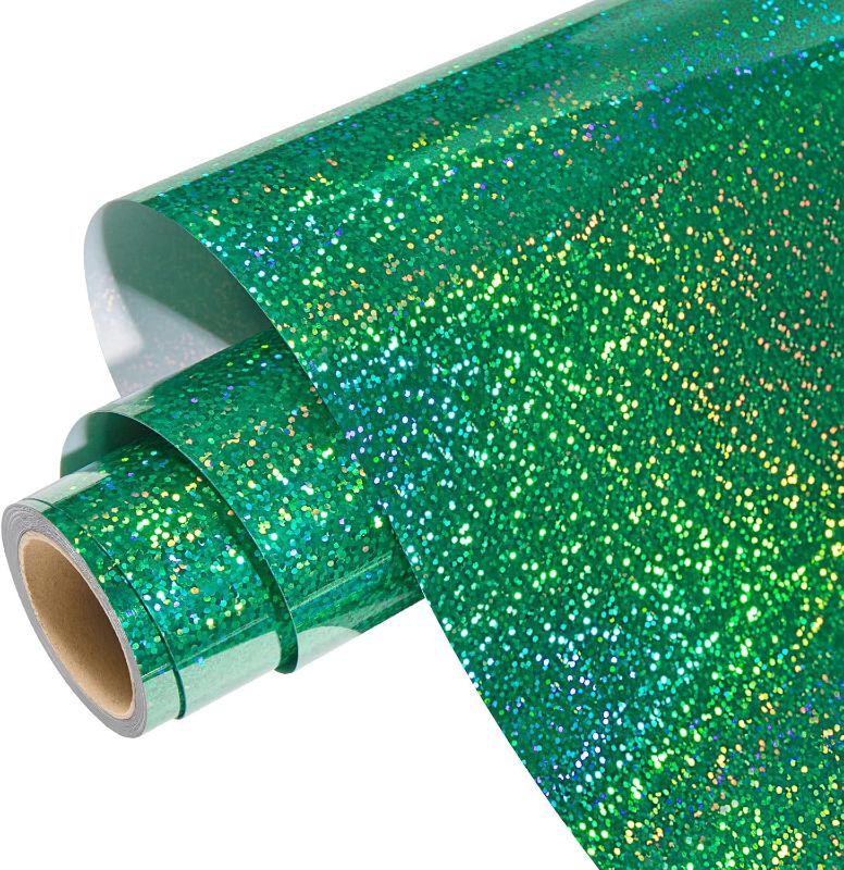 Photo 1 of 2 Holographic Green HTV Iron on Vinyl Shimmer Heat Transfer Vinyl for T-Shirts,Holographic Glitter Vinyl Rolls for DIY Clothing Pattern,Stretchable & Washable
