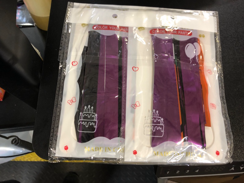 Photo 1 of Halloween Party Decorations Halloween Photo Backdrop Streamers, 2 Pack 3.3 x 6.6 FT Black Orange Purple Foil Fringe Curtain Halloween Party Decor for Wall Door Window Class Halloween Party Supplies