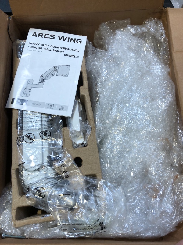 Photo 1 of ARES WING Wall Mount Monitor Arm for 17-49 Inch Ultrawide Monitors, Heavy Duty Single Monitor Mount Holds 44 lbs, Fully Adjustable Gas Spring Monitor Arm Wall Mount, 75x75/100x100 VESA Mount, White