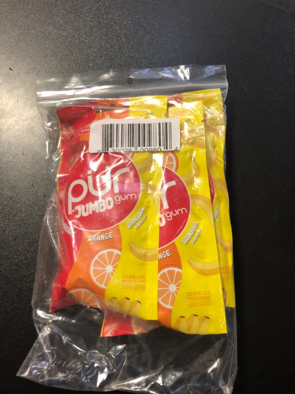 Photo 2 of 10/12/2026------PUR Jumbo Gum | Aspartame Free Chewing Gum | 100% Xylitol | Natural Strawberry, Banana, Orange Flavor, 20 Pieces (Pack of 3)