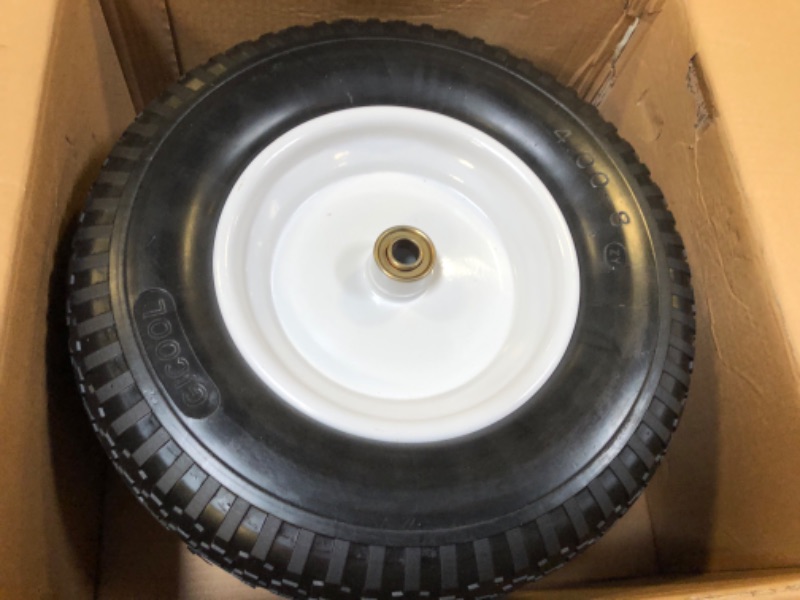 Photo 2 of GICOOL 4.80/4.00-8" Wheelbarrow Tire, 16" Flat-Free Solid Tire and Wheel, 3" Centered Hub, 5/8" Axle Bore Hole,for Garden Wagon Cart Trolley Dolly Replacement(2 Pack)