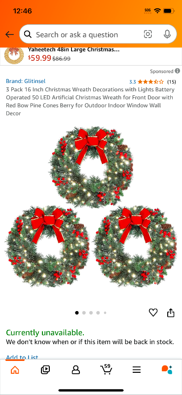 Photo 1 of 3 Pack 16 Inch Christmas Wreath Decorations with Lights Battery Operated 50 LED Artificial Christmas Wreath for Front Door with Red Bow Pine Cones Berry for Outdoor Indoor Window Wall Decor
