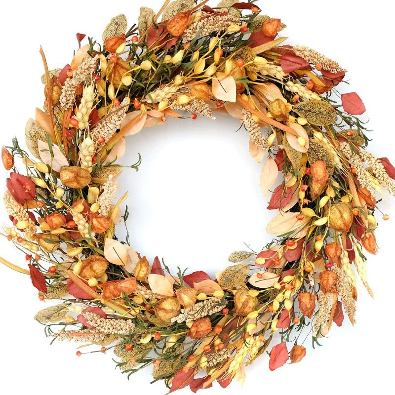 Photo 1 of 24 inch Fall Wreath Berries Front Door Wreath Artificial Grain Wreath Harvest Wheat Ears Garland Autumn Wreath for Home Wall Fall Festival Decor (23in Fall Wheat Ears Wreath)
