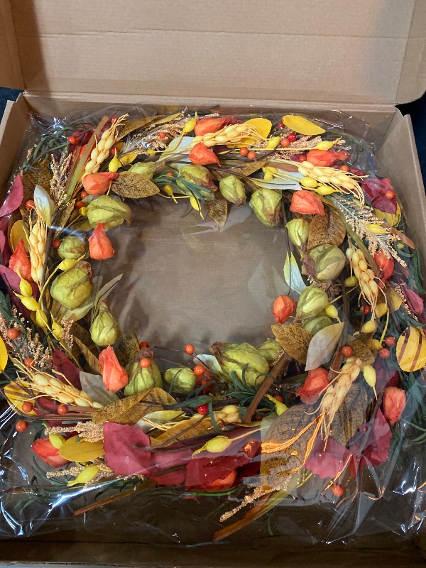 Photo 2 of 24 inch Fall Wreath Berries Front Door Wreath Artificial Grain Wreath Harvest Wheat Ears Garland Autumn Wreath for Home Wall Fall Festival Decor (23in Fall Wheat Ears Wreath)
