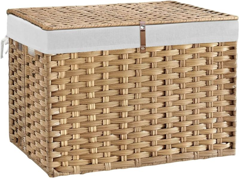 Photo 1 of 135L Wicker Storage Basket with Lid, Handwoven Large Shelf Basket with Removable Liner, 35.7 Gallon Wicker Basket for Blanket, Storage Trunk with Handle for Closet, Bedroom, Livingroom, Natural
