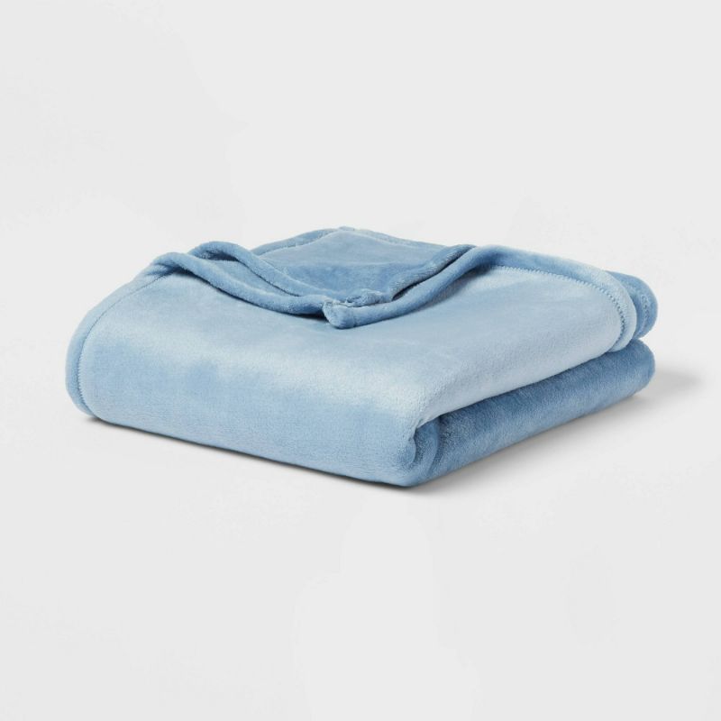 Photo 1 of Twin/Twin XL Solid Plush Bed Blanket Light Blue - Room Essentials™: Cozy Knitted, Lightweight, OEKO-TEX Certified