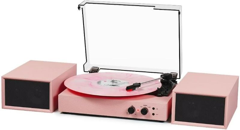 Photo 1 of Vinyl Record Player with External Speakers, Vintage 3-Speed Turntable with Dual Speakers, Bluetooth Music Playback, MP3 PC Encoding, AUX Input Headphone Jack and RCA Out, Light Pink