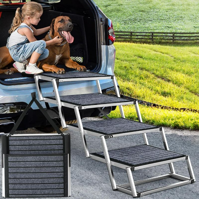 Photo 1 of Dog Ramp for Car, Extra Wide Dog Car Stair for Large Dogs, Pet Steps Lightweight Aluminum Foldable Dog Steps for Cars and SUV,High Beds, Trucks, Supports up to 200 lbs (Extra Wide-4 Steps with Rug)