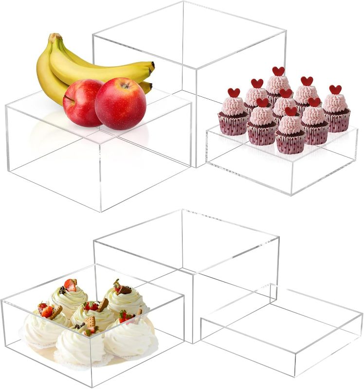 Photo 1 of 6 Pack Acrylic Display Boxes Cube Riser, Food Display Stands for Party Buffet Risers Clear Cake Stand Acrylic Square Food Display Set Dessert Table Display Nesting Riser Jewelry Display Holder 2 (10 x 10 x 6) , 2 (9 x 9 x 4) 2 (6 x 6 x 2) =