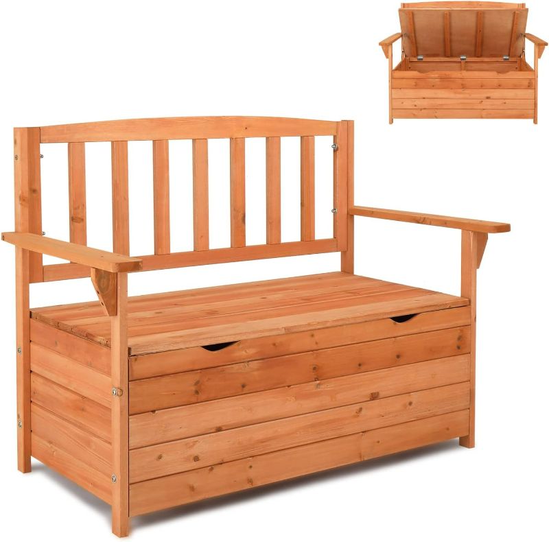 Photo 1 of ***Assembly Required*** Outdoor Wood Storage Bench, Wooden Large Deck Box with Seating & Armrest, Waterproof Patio Organizer Loveseat for Garden Porch Deck Backyard Poolside, Natural