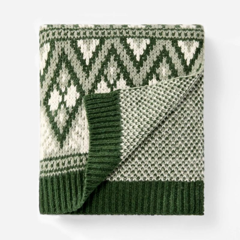 Photo 1 of Knit Fair Isle Throw Blanket Green/Cream - Threshold™ designed with Studio McGee: Holiday Jacquard, Sensory Friendly
