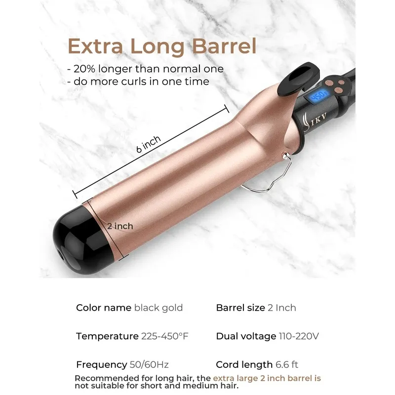 Photo 1 of 2 Inch Curling Iron Extra Long Barrel for Long Hair, Large Barrel Curling Wand Ceramic Tourmaline with LCD Display,10 Temps, Dual Voltage