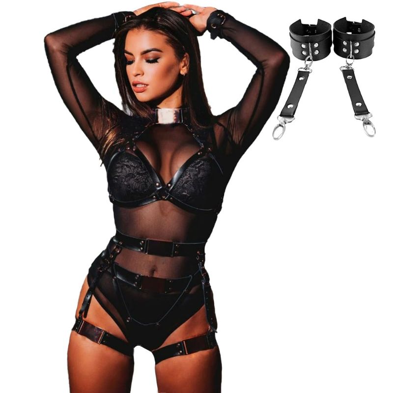 Photo 1 of ALLOVME Leather Body Harness, Sexy Chain Belt Chest Harness and Leg Harness Lingerie Set with Handcuffs, Lt-093 With Handcuffs, Adjustable Size
