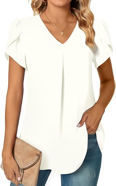 Photo 1 of Large Women's Plus Size Summer Dressy Chiffon Blouses Short Sleeve V Neck Tunic Tops for Leggings Casual T-Shirts