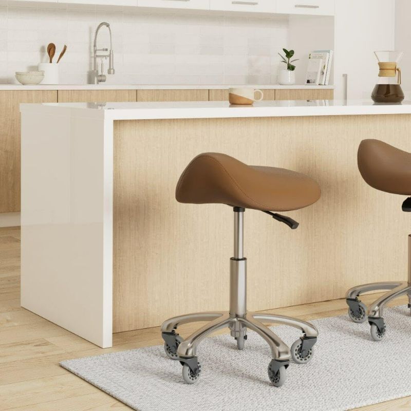 Photo 2 of Professional Saddle Stool with Wheels Ergonomic Swivel Rolling Height Adjustable for Clinic Dentist Beauty Salon Tattoo Home Office (Camel)
