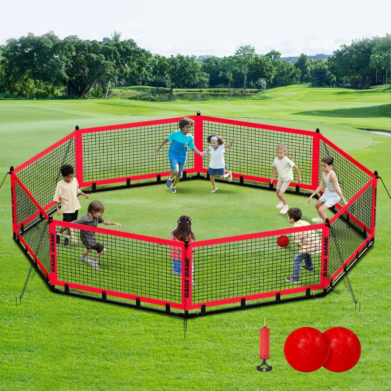 Photo 1 of Gaga Ball Pit for Kids, Portable Gagaball Court 15ft Equipped with Carry Bag, 2 Gaga Balls, Wind Ropes and Ground Spikes for Sport Games and Indoor & Outdoor Activities
