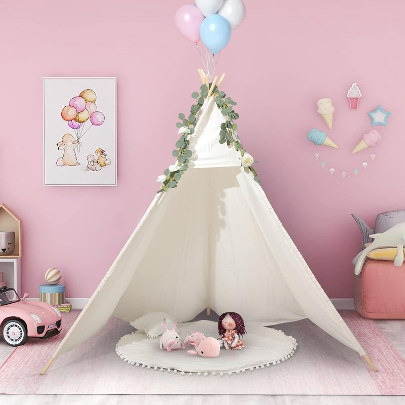 Photo 1 of 7' Large Teepee Tent for Adults, Play Tent with Carry Bag, 5 Sides Canvas Kids Teepee Tent Indoor & Outdoor Tents for Party, Wedding, Photo Prop, White
