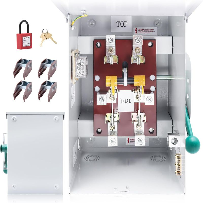 Photo 1 of 200A Generator Transfer Switch, General Duty Double-Throw Safety Switch 48000W, 120/240-Volt Manual Transfer Switch, Compact Design, NEMA 3R, Rainproof, Non-fusible, Two-Pole, Three-Wire
