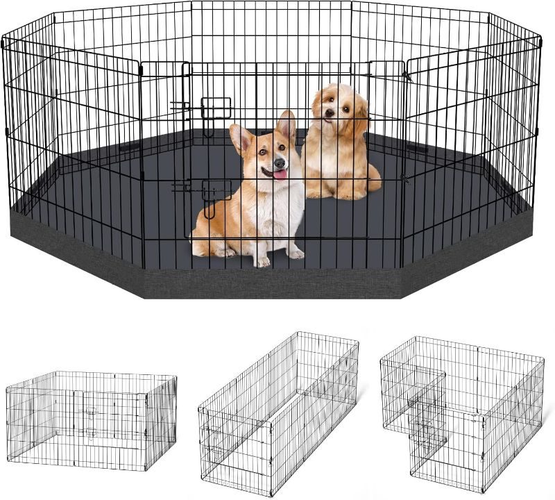 Photo 1 of Dog Pen Pet Playpen Dog Fence Indoor Foldable Metal Wire Exercise Puppy Play Yard Pet Enclosure Indoor Outdoor 8 Panels 24 Inch with Bottom Pad/Top Cover (Black with Bottom pad)
