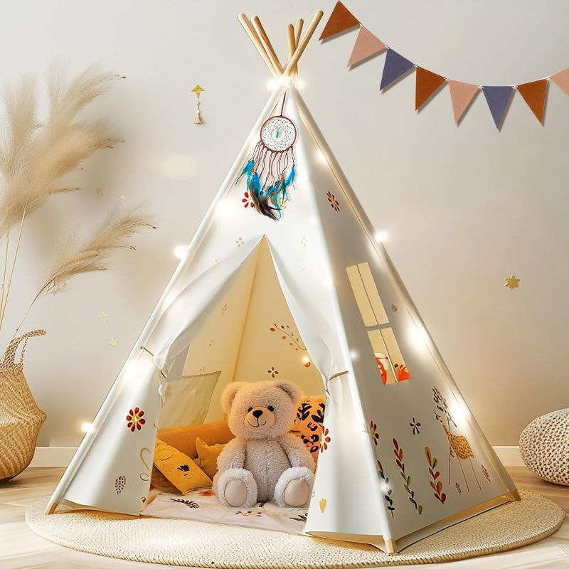 Photo 1 of Teepee Tent for Kids, Natural Cotton Toddler Play Tent with Colorful Flags & Mat and Dream Catcher, Foldable Kids Teepee Tent Easy to Assemble for Girls & Boys
