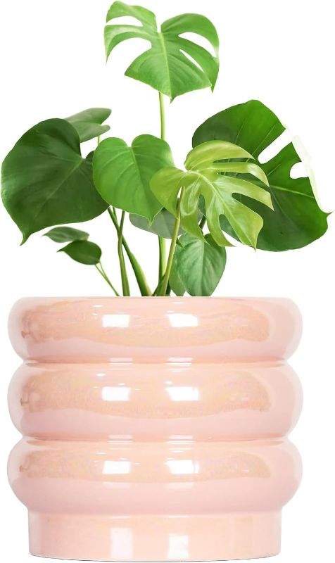 Photo 1 of 10 inch Ceramic Plant Pots for Indoor Plants, Rainbow Pearl Glaze Planter with Planters for Plants with Drainage Hole, Orchid Pots, Succulent Pot, Large Flower Pot (Pink)
