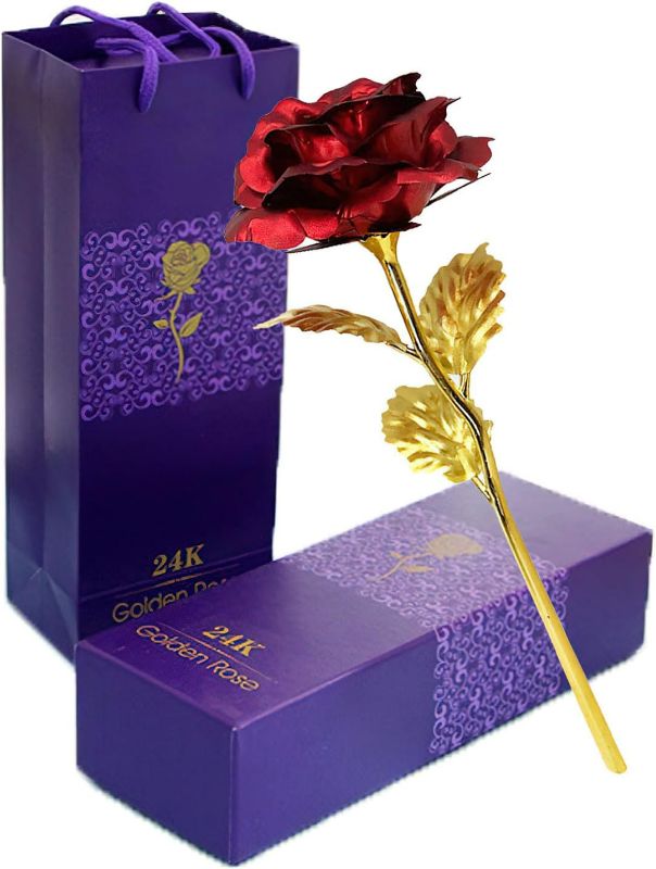Photo 1 of 24K Red Rose Flower Creative Artificial Gold Dipped Rose Long Stem Forever Rose with Gift Box and Bag for Mother's Day Valentine's Day Birthday Anniversary Thanksgiving Day
