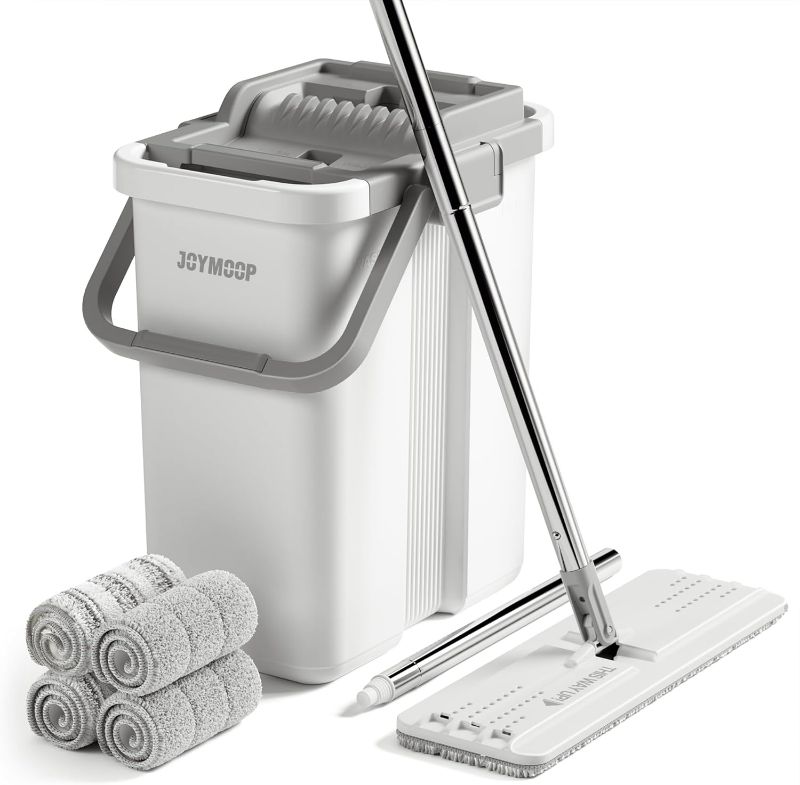 Photo 1 of JOYMOOP Mop and Bucket with Wringer Set, Flat Squeeze Mop Flat Head, Dust Mops for Wall Cleaner with Long Handle, Hands-Free Microfiber Mops for Floor Cleaning - White
