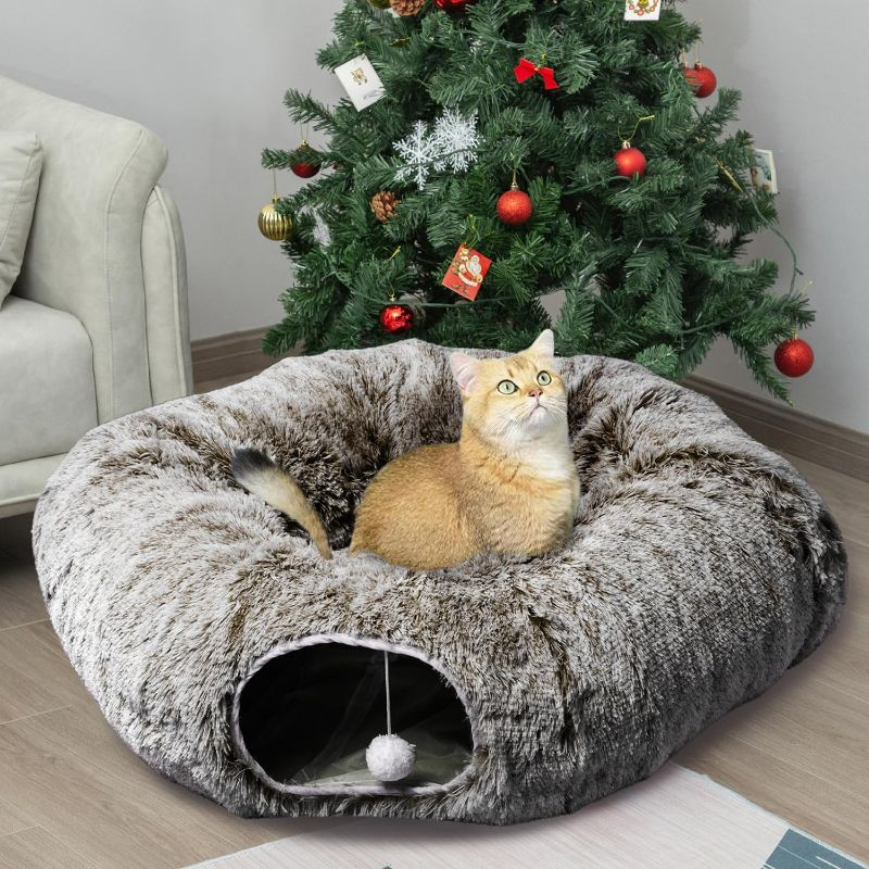 Photo 1 of AUOON Cat Tunnel with Central Mat,Big Tube Playground Toys,Soft Plush Material,Full Moon Shape for Kitten,Cat,Puppy,Rabbit,Ferret (Brown)
