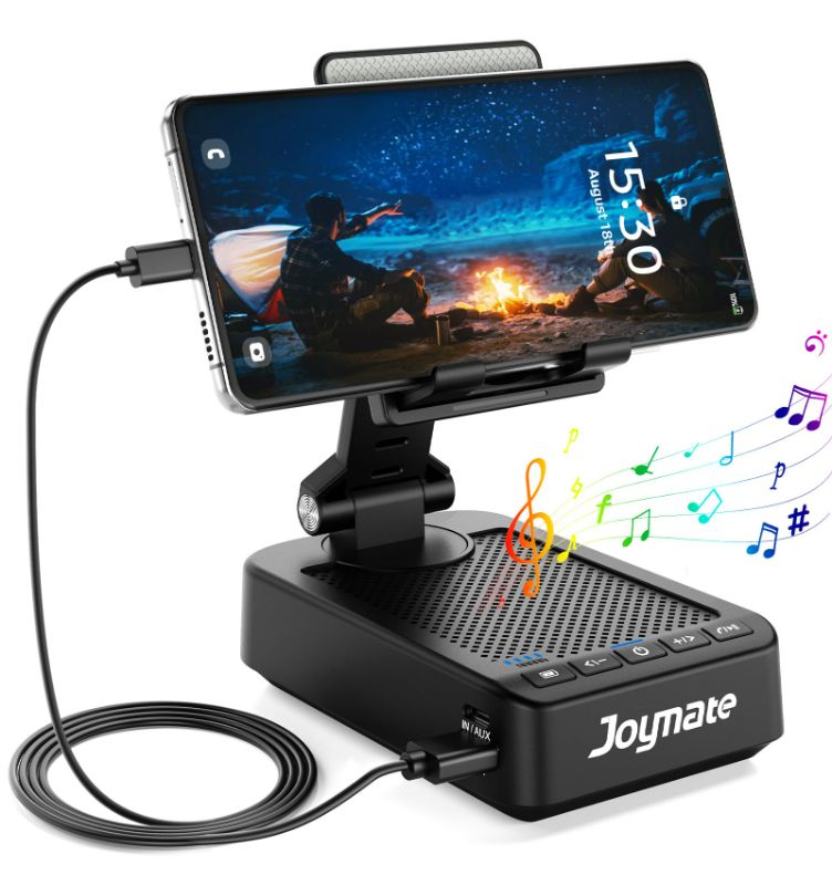 Photo 1 of Joymate Gifts for Men Women, Phone Stand with Bluetooth Speaker and Charging Function 360° Rotable Angel Adjustable Cell Phone Holder with HD Stereo Sound Fits All Phones,Tablet (Black)