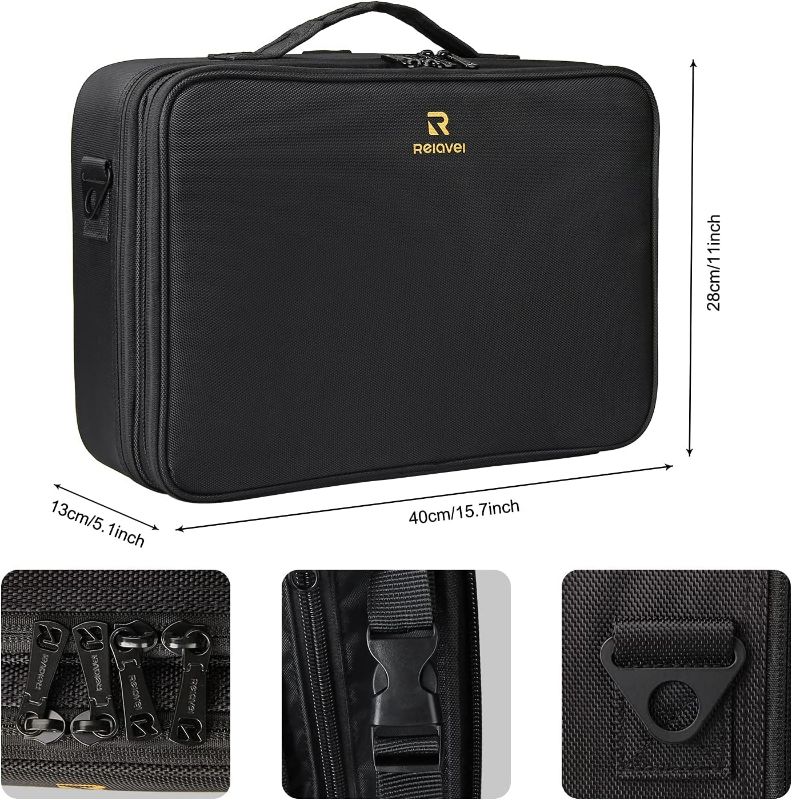 Photo 1 of Relavel Makeup Case Large Makeup Bag Professional Train Case 16.5 inches Travel Cosmetic Organizer Brush Holder Waterproof Makeup Artist Storage Box, 3 Layer Large Capacity, with Adjustable Strap
