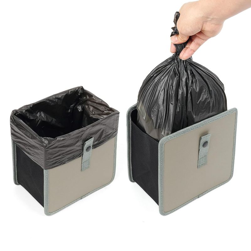 Photo 1 of KMMOTORS Jopps Car Trash Can – Compact Foldable Bin with Strap, PU Leather & Oxford, Waterproof, Space-Saving, Simple Modern Design, Mounts on Headrest, Console, Gear Shift (Medium, Gray)

