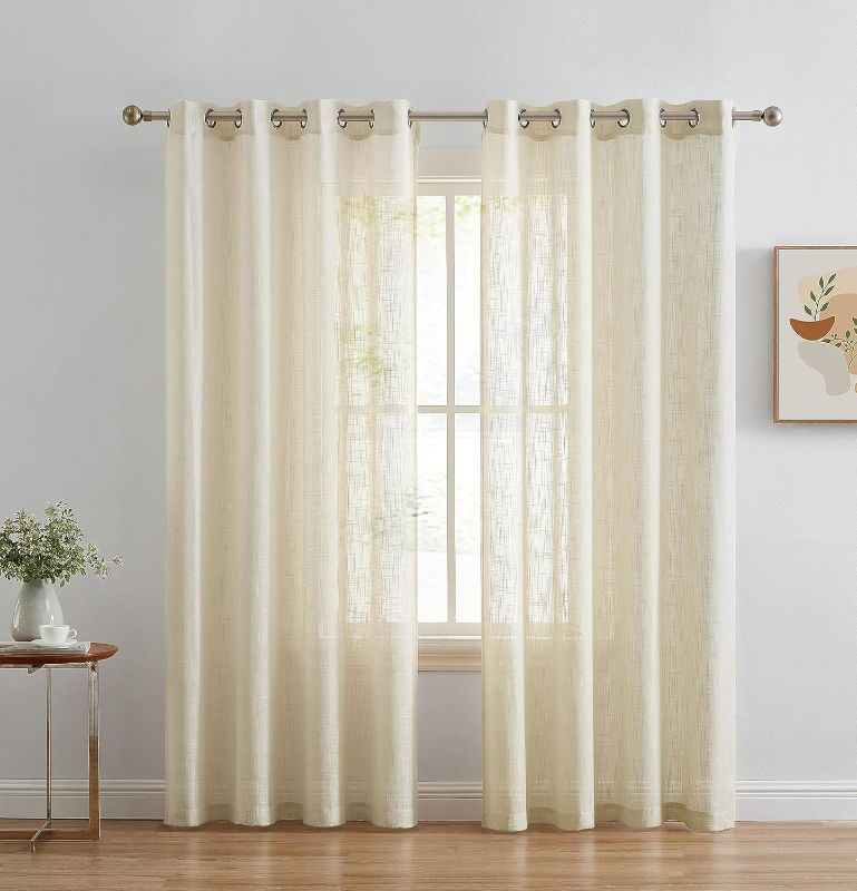 Photo 1 of HLC.ME Abbey Faux Linen Textured Semi Sheer Privacy Light Filtering Transparent Window Grommet Floor Length Thick Curtains Drapery Panels for Office & Living Room, 2 Panels (54 W x 84 L, Beige)
