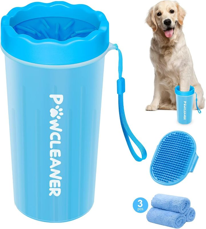 Photo 1 of Comotech Dog Paw Cleaner with Bath Brush & Absorbent Towels - Adjustable Ring Handle for Long and Short-Haired Dogs (Large, Blue)