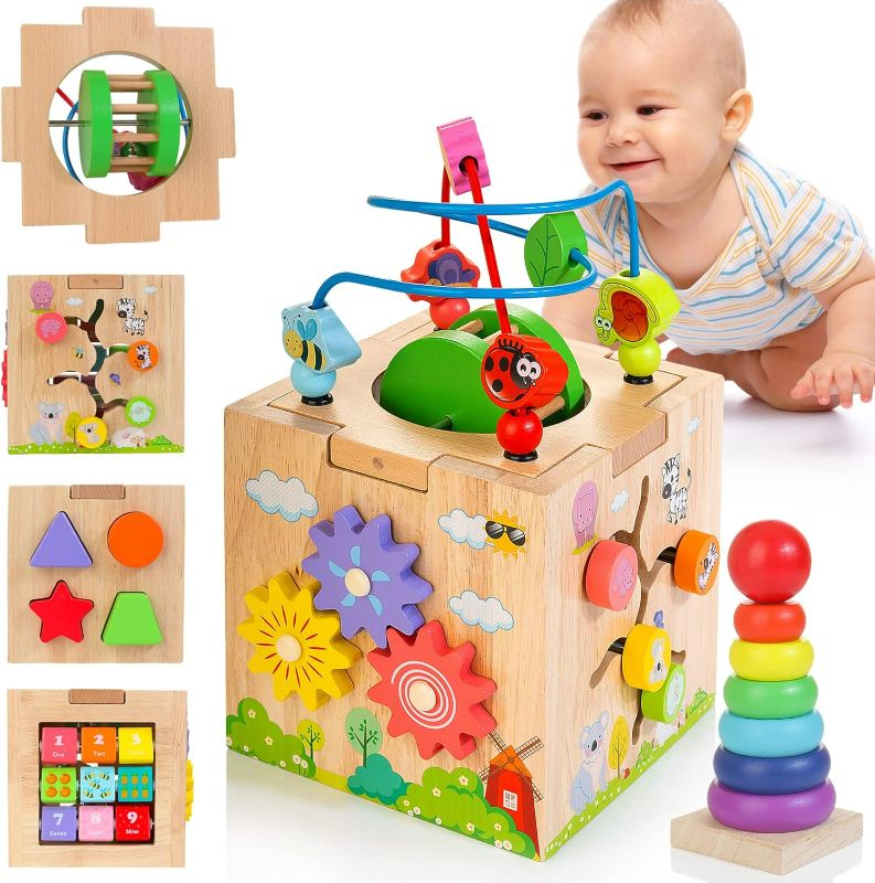 Photo 1 of Kizfarm 8-in-1 Activity Cube Wooden Montessori Toys for 1+ Year Old, Bead Maze Shape Sorter Developmental Learning Toys, Bonus Sorting & Stacking Toys for 12M+ Toddlers, Gift Packaging
