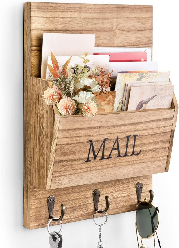 Photo 1 of DLQuarts Mail Organizer with Key Holder for Wall Decorative Mail Sorter Wall Mounted, Wooden Mail Holder with 3 Hooks, Carbonized Brown
