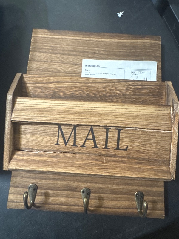 Photo 1 of DLQuarts Mail Organizer with Key Holder for Wall Decorative Mail Sorter Wall Mounted, Wooden Mail Holder with 3 Hooks, Carbonized Brown
