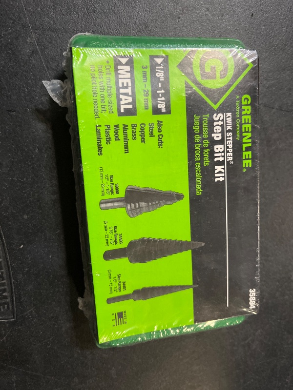Photo 1 of Greenlee 35884C STEP BIT KIT #1,3 & 8 (35884C), 1/8-Inch, 1/2-Inch, and 7/8-Inch

