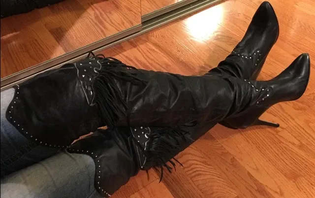 Photo 1 of size 6.5 Rare 31” Vintage WILD PAIR Black Leather Thigh High Studded Boots Over The Knee