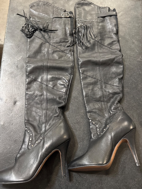Photo 1 of size 6.5 Rare 31” Vintage WILD PAIR Black Leather Thigh High Studded Boots Over The Knee
